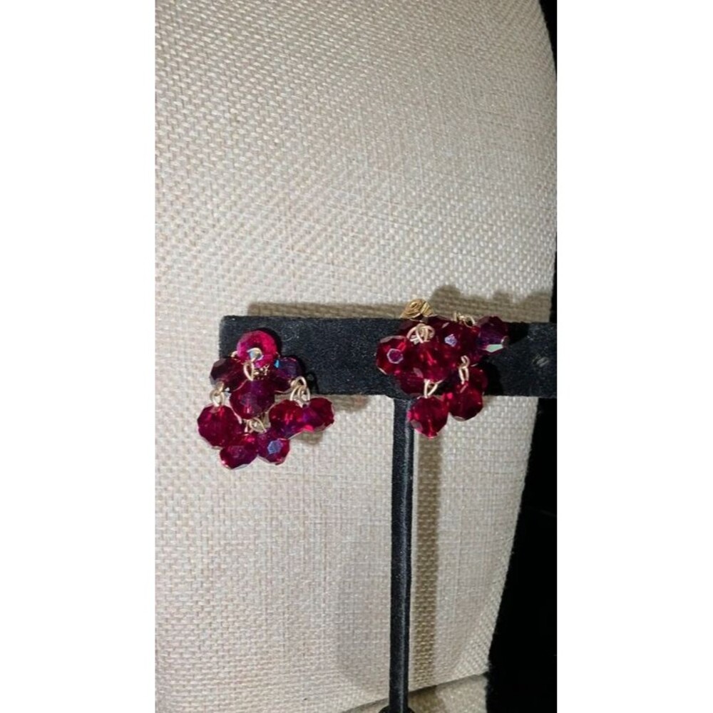 Vintage Lewis Segal California Ruby Red AB Crystal Glass Cluster Clip Earrings